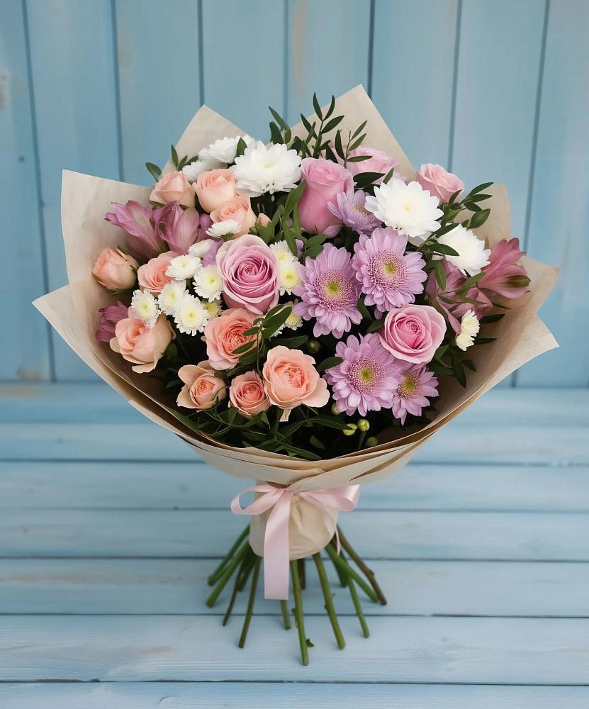 Букет цветов из: Хризантемы, Розы и Альстромерии в Каскара