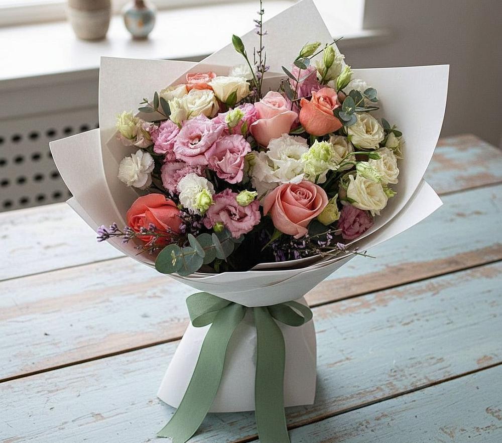 Букет цветов из: Розы, Лизиантусы и Гвоздики в Каскара