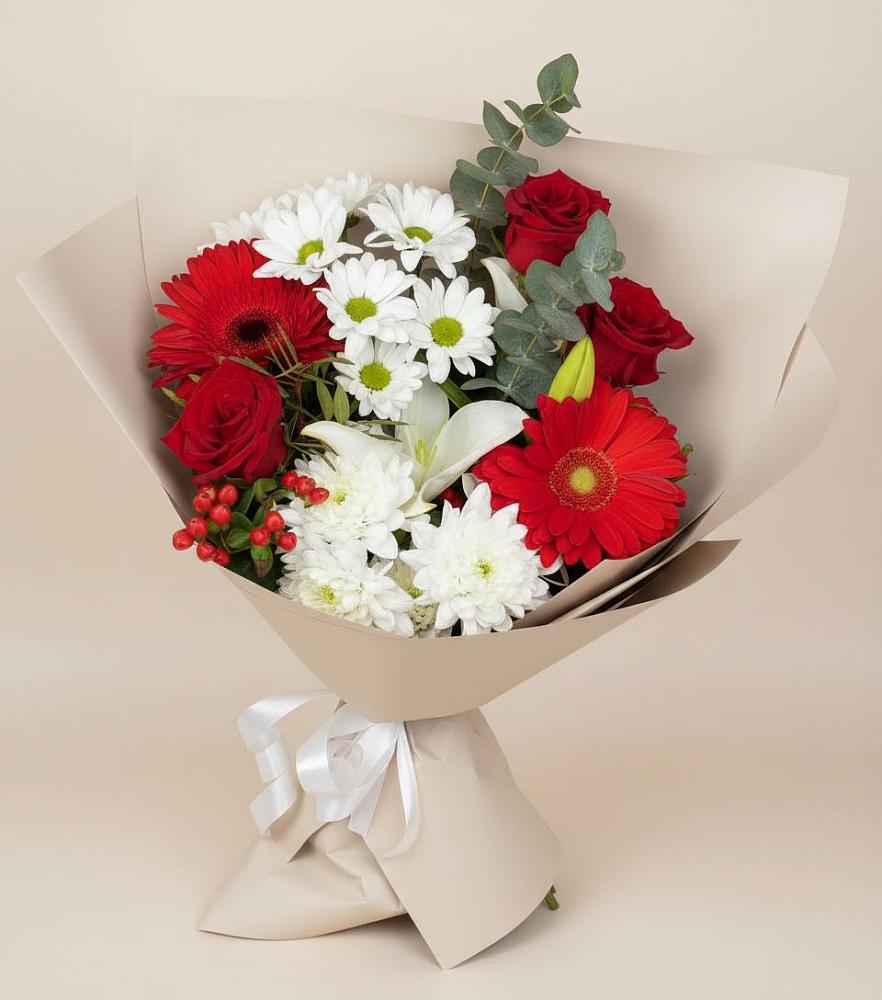 Букет цветов из: Розы, Хризантемы, Герберы и Лилии в Каскара