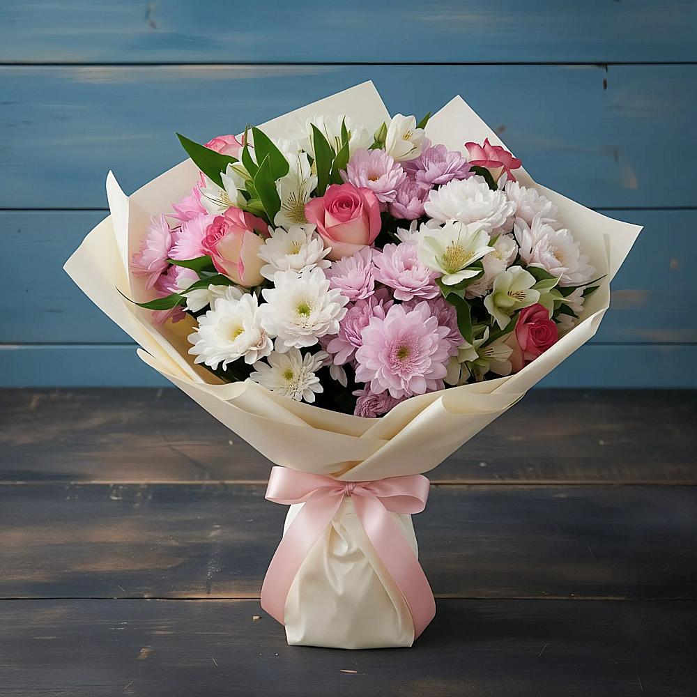 Букет цветов из: Хризантемы, Альстромерии и Розы в Каскара